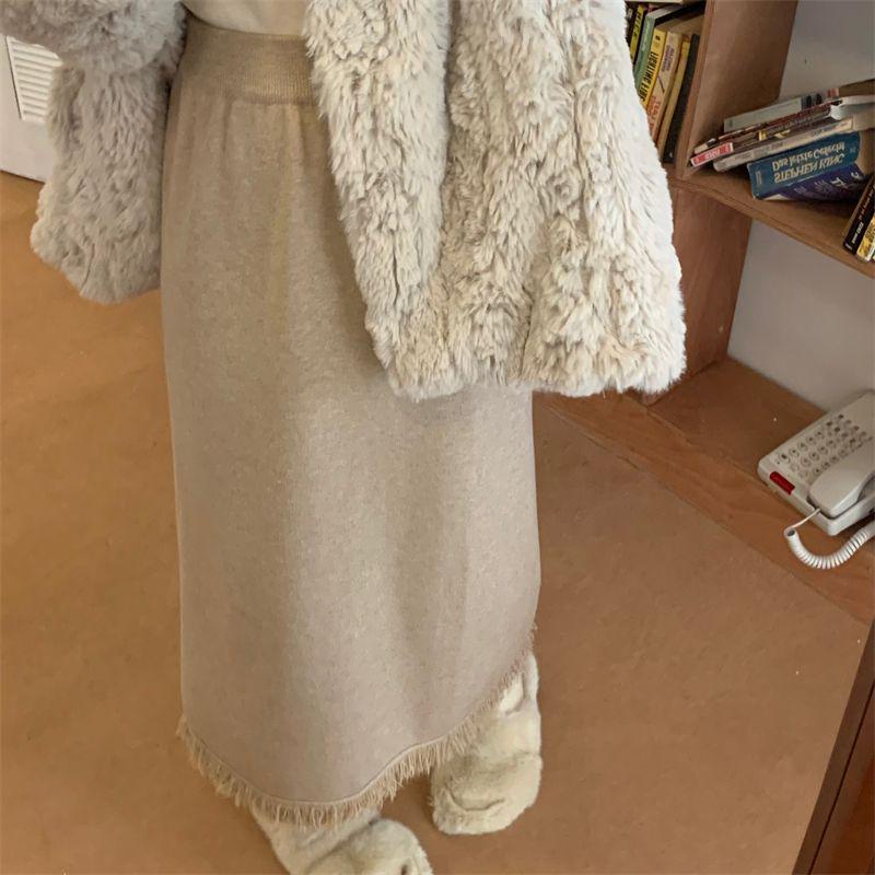 Tassel Knit Over-Knee High Waist Slim Wool Skirt with Matching Sweater