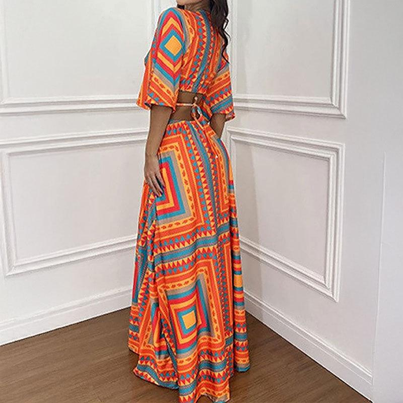 European and American Women's Clothing, New Spring Models, Ethnic-style Printed Bat-sleeved Waist Strap Dress