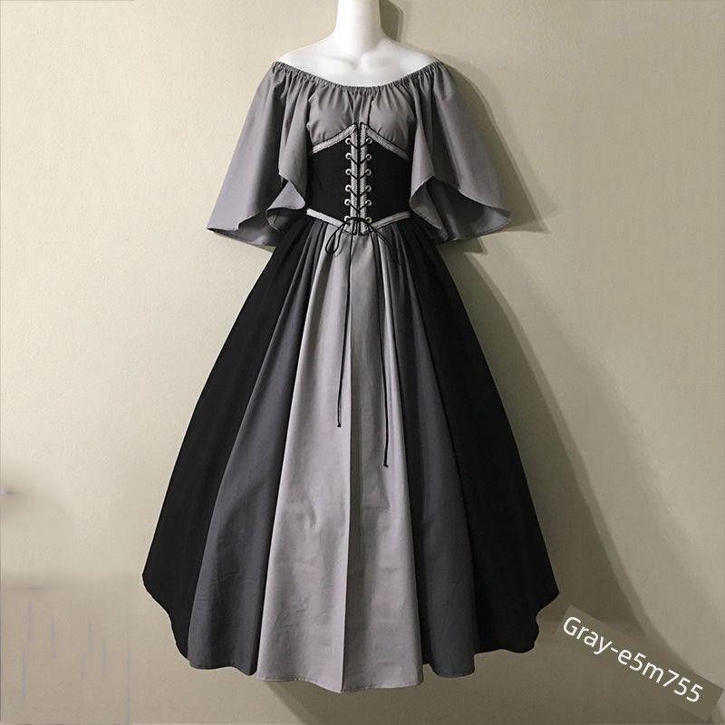 

European and American Style Off-Shoulder Dress for Women, Medieval Retro Color-Blocking with Flutter Sleeves, Tie-Waist, and Large Hem Skirt Gray M