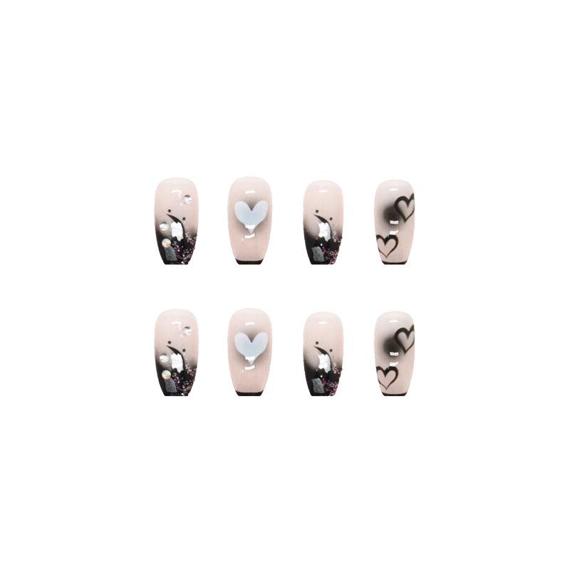Mysterious Short Ballet Wearing Nail Diamond Black Love Smudging Fake Nail Manicure Patch Finished Nail Piece