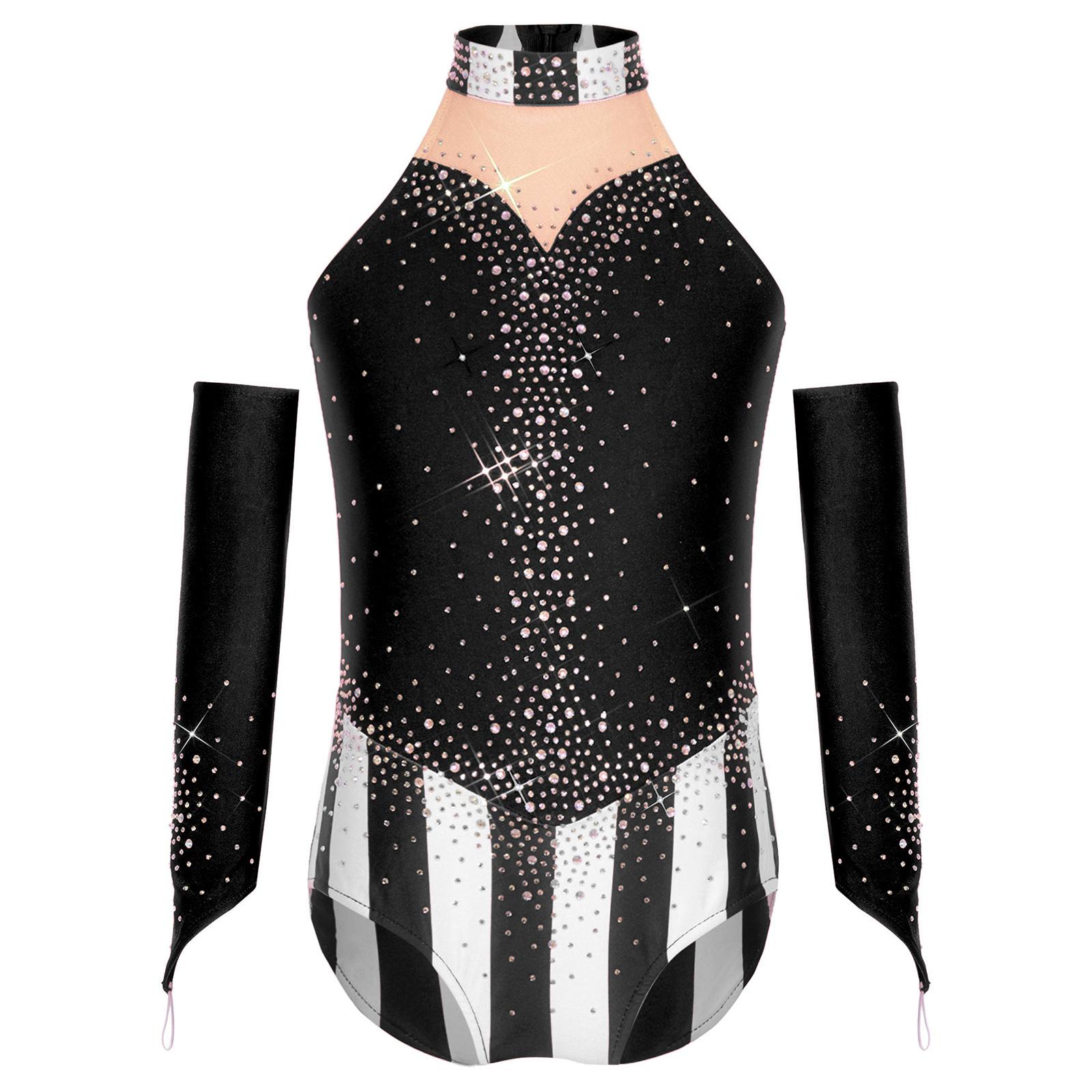 

Girls Carnival Leotard Sleeveless Patchwork Jumpsuit Mock Neck Rhinestones Decoration Back Zipper Oversleeves Set чорний