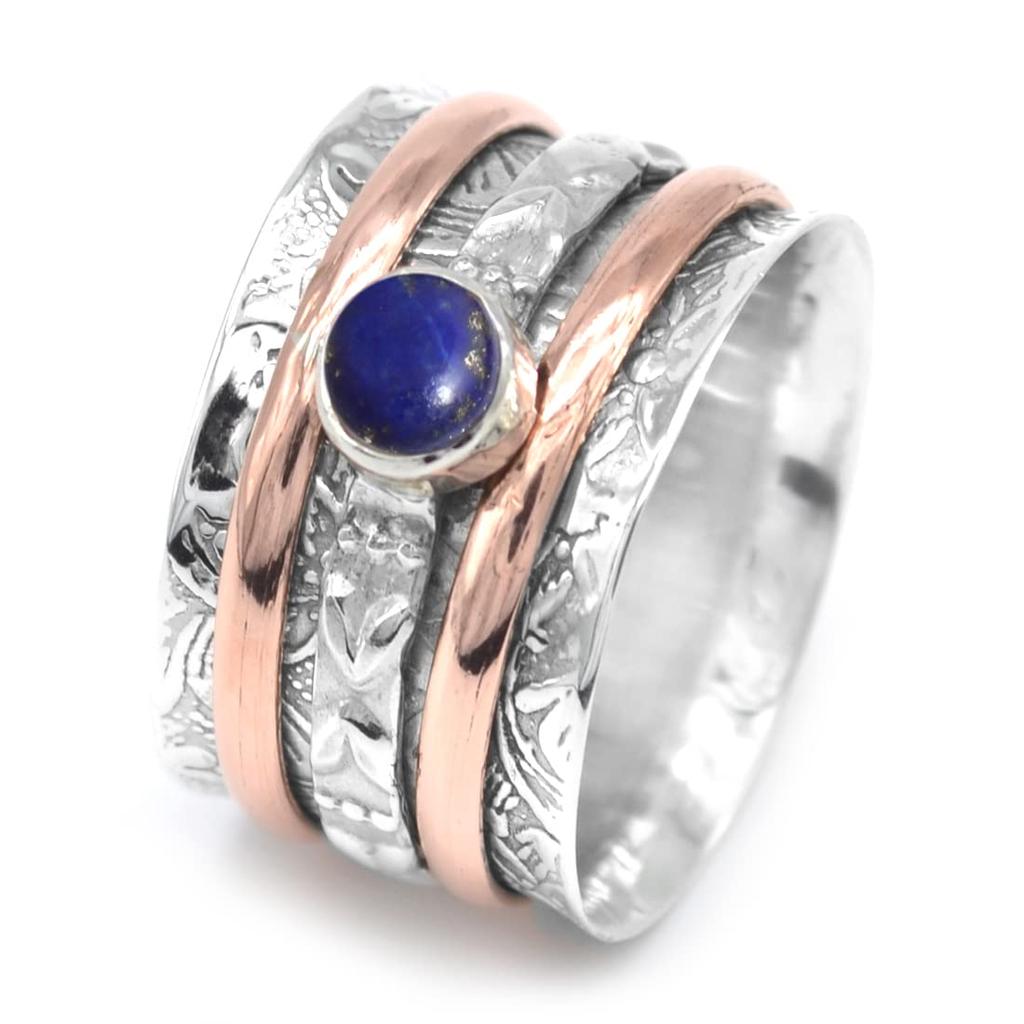 Sterling Silver Copper Ring Round Cabochon Spinner Stone Ring Natural Lapis Luzil Gemstone 6.5 Gms
