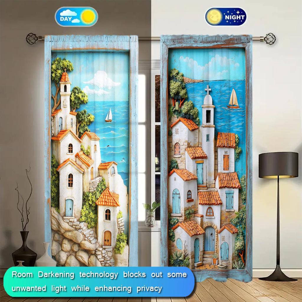 2pcs Seaside Town Printed Curtains   Shade and Privacy Protection   Suitable for Decorating Various Rooms