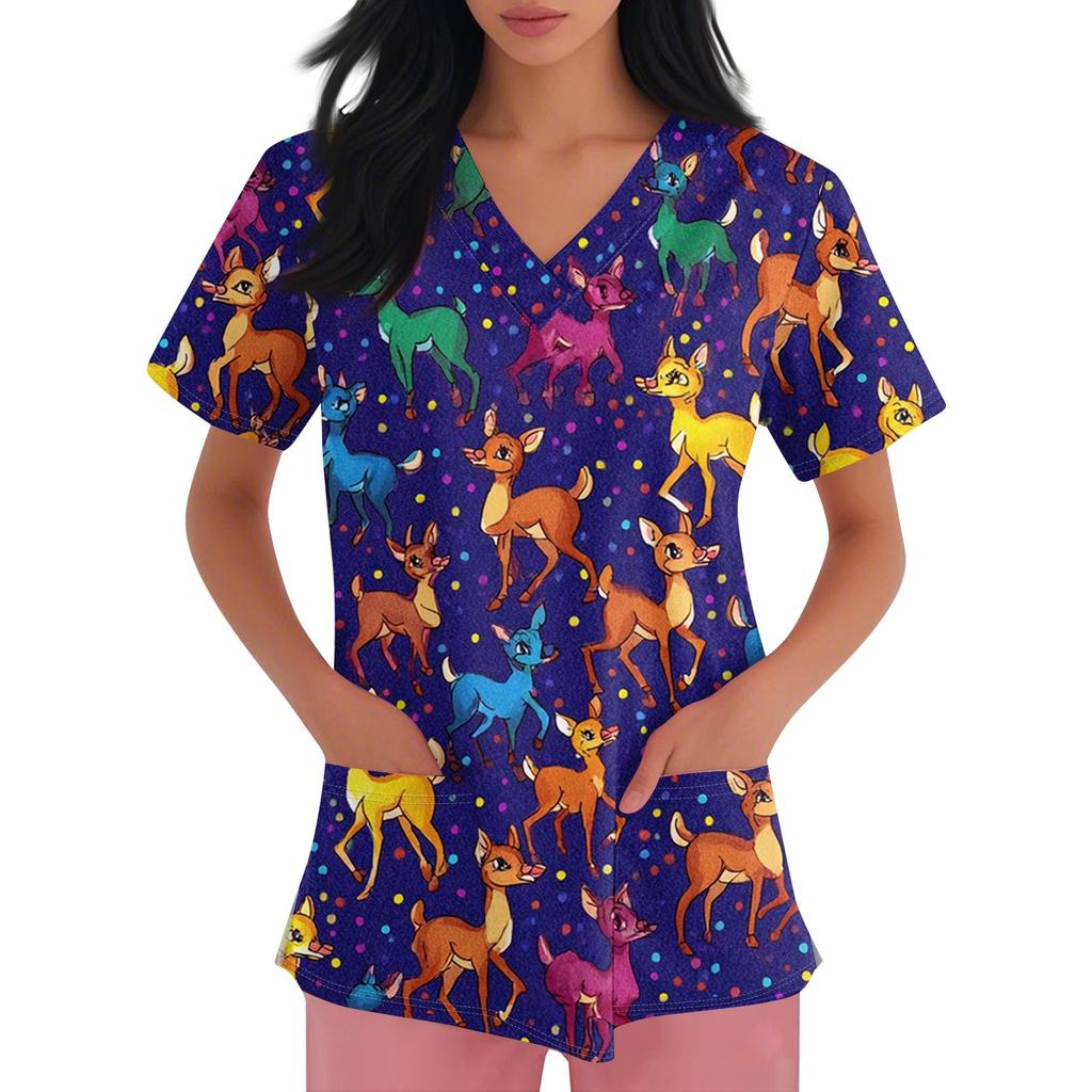 Dámské pracovní oblečení s výstřihem do V a krátkým rukávem s potiskem, s bočními kapsami s rozparky a uniformy