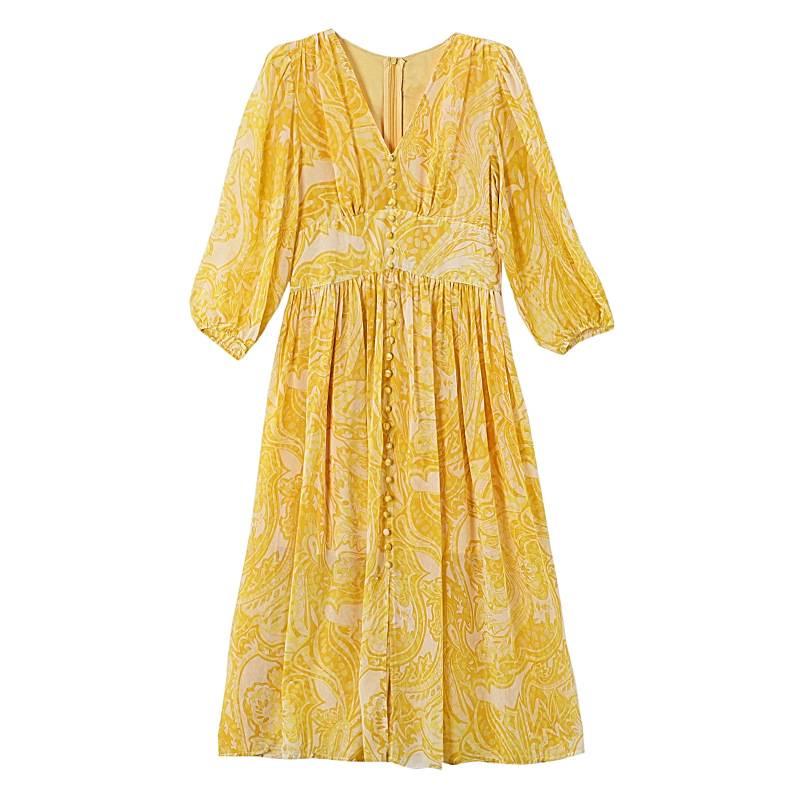 V-Neck Yellow Floral Tencel Chiffon Dress for Beach Vacation