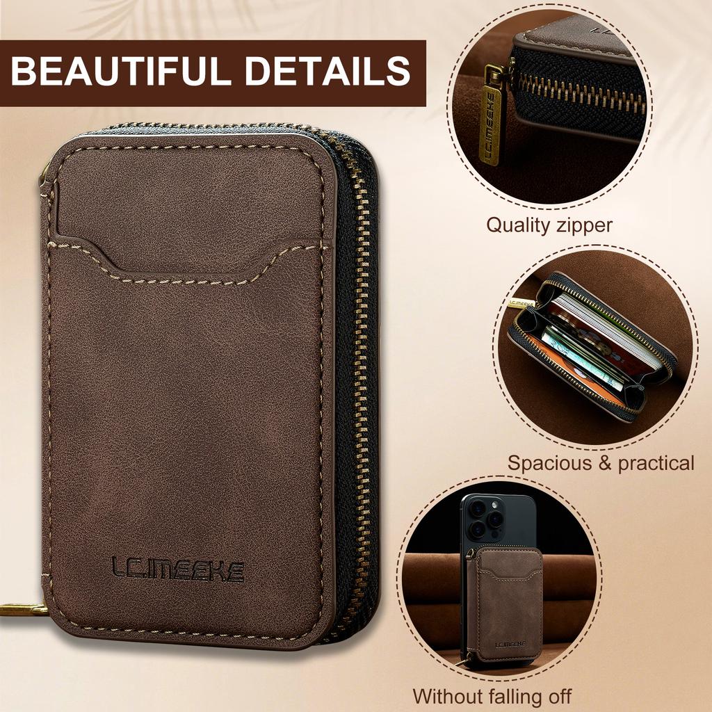 Magnetic Attraction Zipper Leather Card Slot Wallet for iPhone 17 Samsung Galaxy Google Xiaomi Phone MagSafe Magnetic Phone Bag