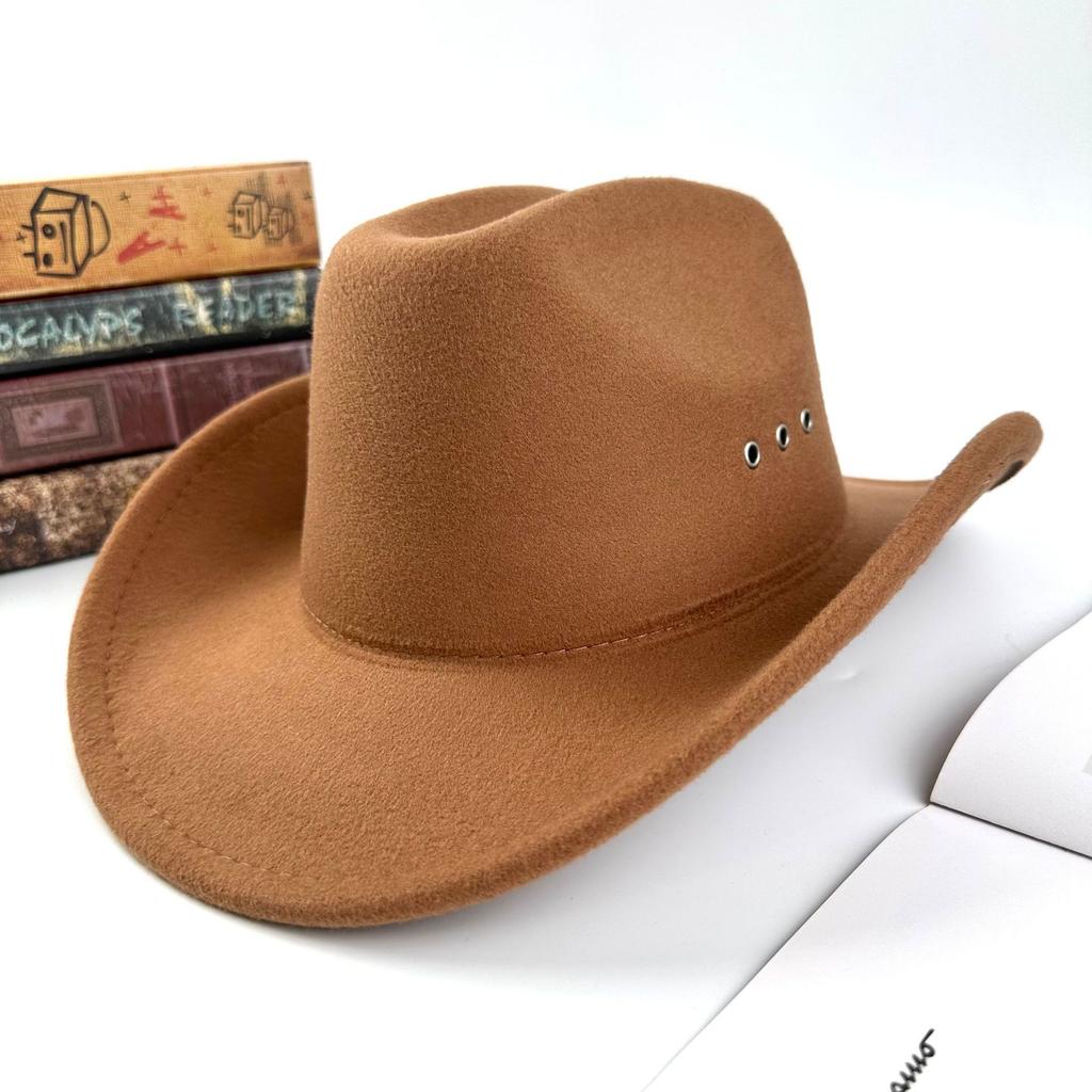 Men'S And Women'S Cowboy Hats Woolen One-Word Top Fashion Punched Hat Jazz Hat Big-Brimmed Top Hat