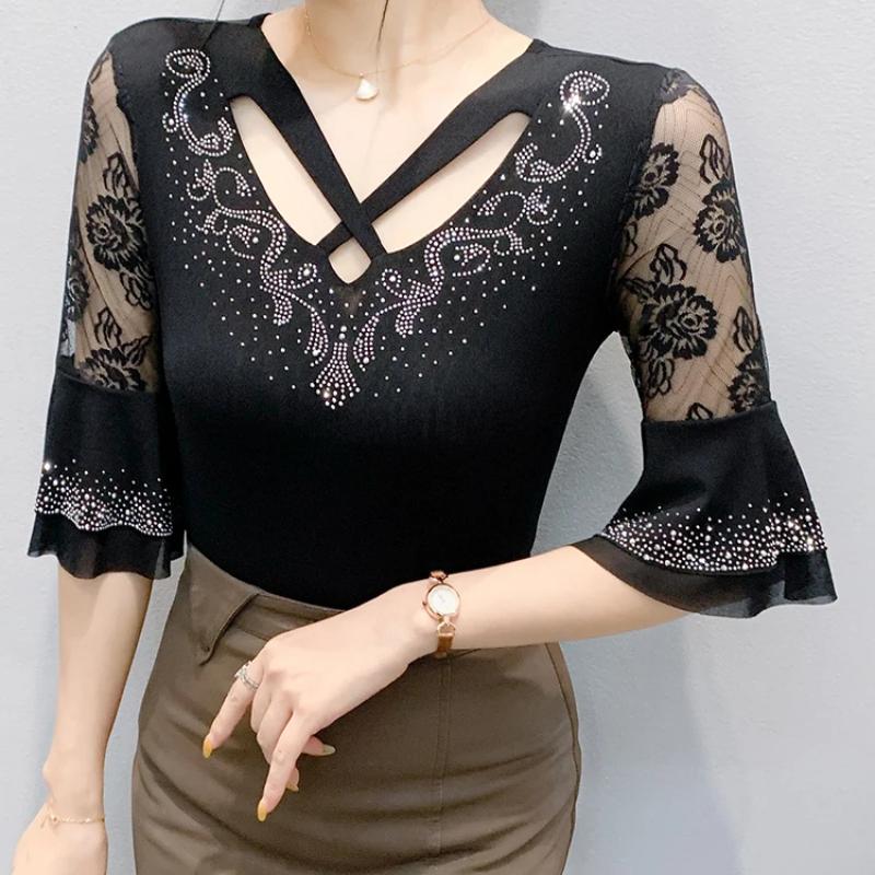 New Summer Sexy V-Neck Hollow Out Hot Diamonds Women's T-Shirt Half Sleeve Fashion Tops Classic Elasticity Mesh Flower Tees