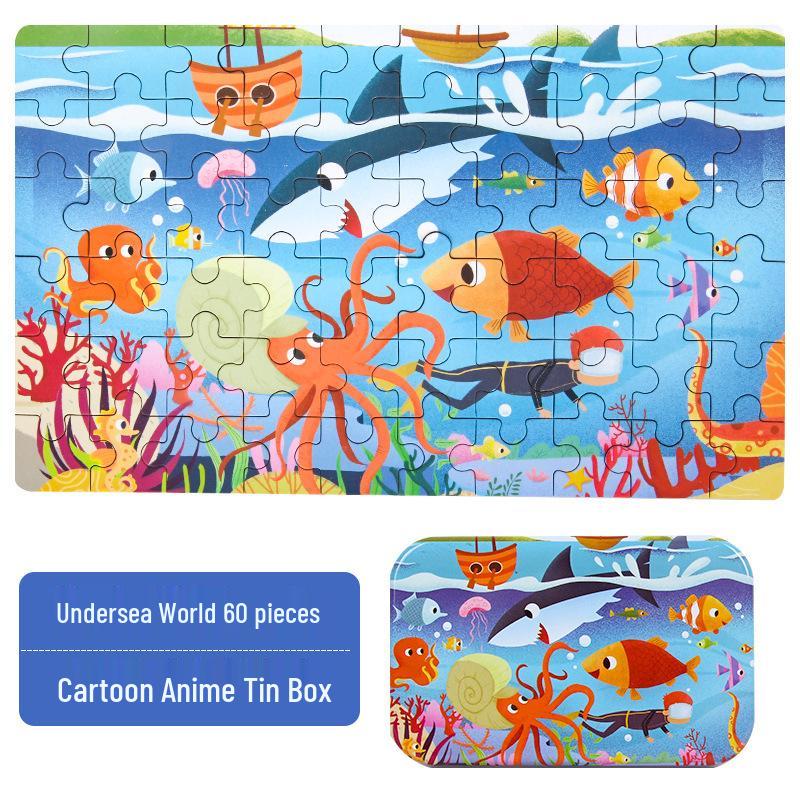 Children's Wooden Puzzle Set: 60-Piece Educational Toy In Tin Box for Ages 2-5