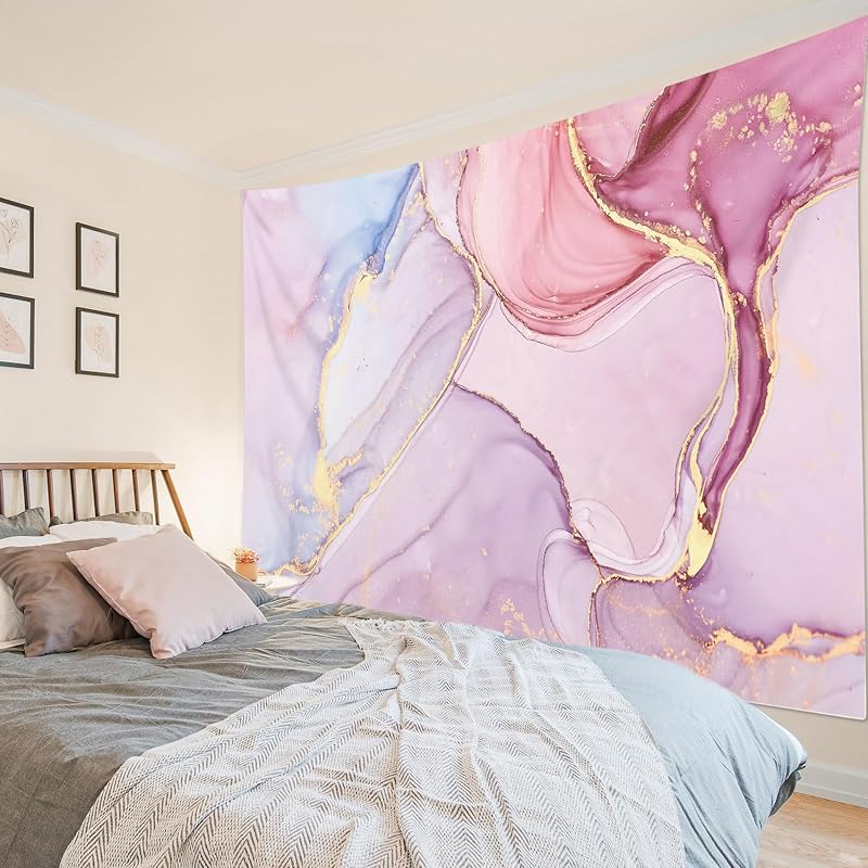 HVEST Pink Marble Tapestry Wall Hanging Purple and Gold Marble Abstract Wall Art Modern Luxury Nature Tapestry for Bedroom Living Room Dorm Home Wall 40L x 60W