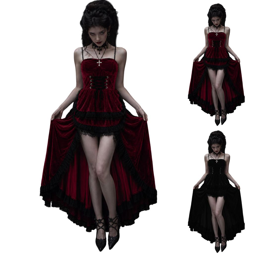 Abito da Donna Gotico in Pizzo e Velluto Nero e Rosso per Festa in Costume di Halloween