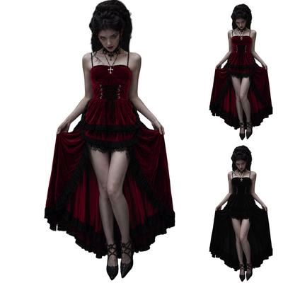 Women's Gothic Lace Velvet Dress Black and Red for Halloween Costume Party