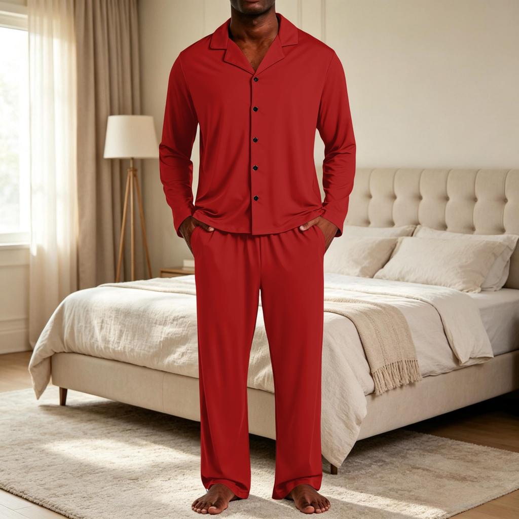 Herren-Pyjama-Set mit Reversknopfleiste und gerader Hose - Farbe Lockere Passform Nachtwäsche