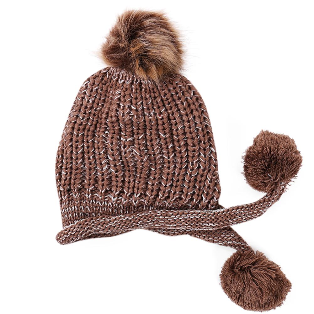 Women Winter Warm Knitted Cap Fleeced Earmuffs Cap with Cute Plush Balls