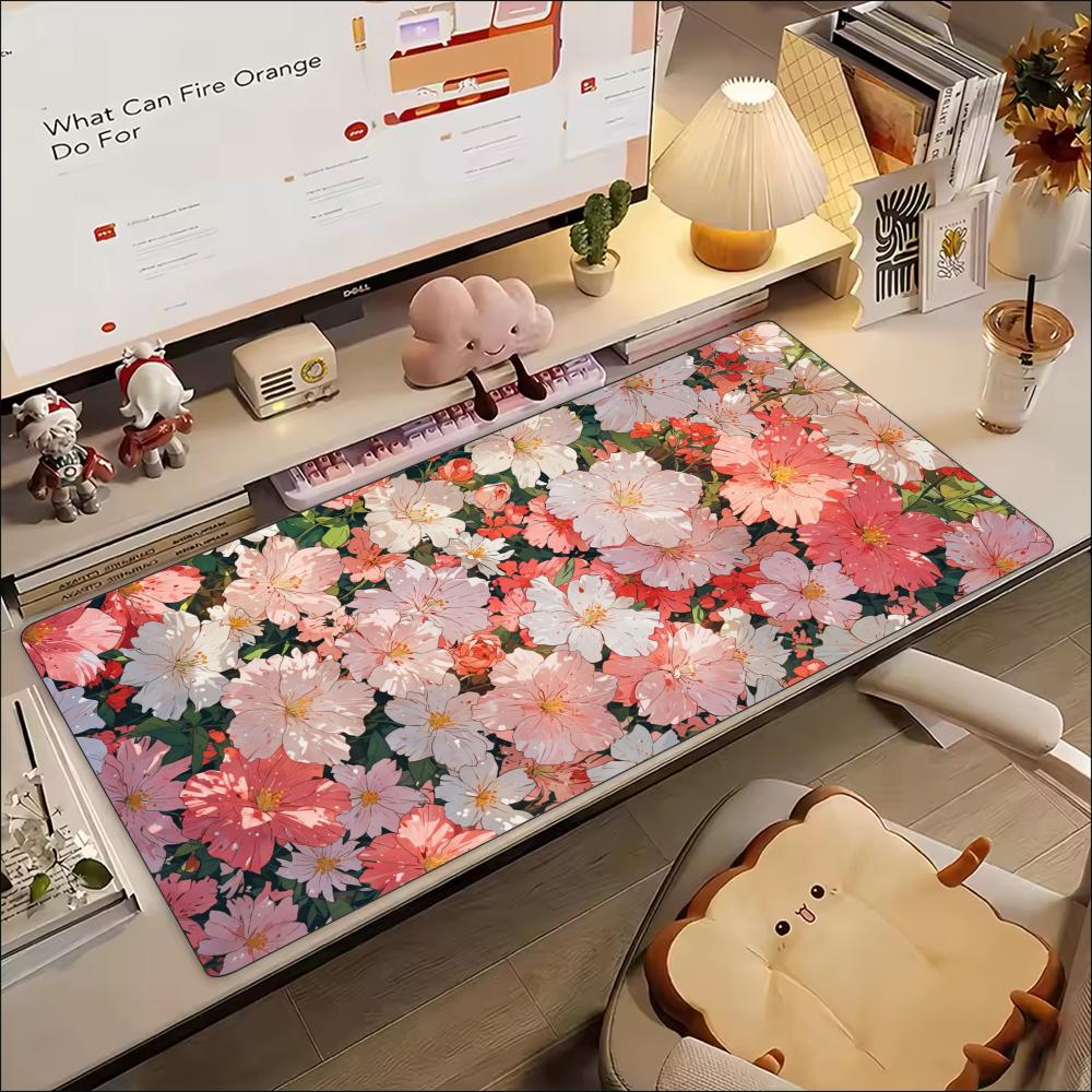 Desk Mat Vibrant Watercolor Floral Print Stitched Edge AntiSlip Rubber Base Mouse Pad For Gaming Working Home Office