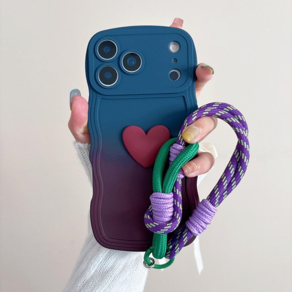Gradient Color Wave Wrist Strap Case for IPhone 17 Pro Max Air 16 14 15 Plus 12 13 11 X XR XS Lanyard Love Heart Soft TPU Cover