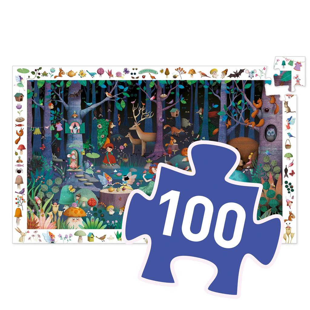DJECO Enchanted Forest Observation Puzzle, 100-Piece Jigsaw Puzzle, Picture Search Game, Hidden Objects, Educational Toy, Montessori Style, for Girls