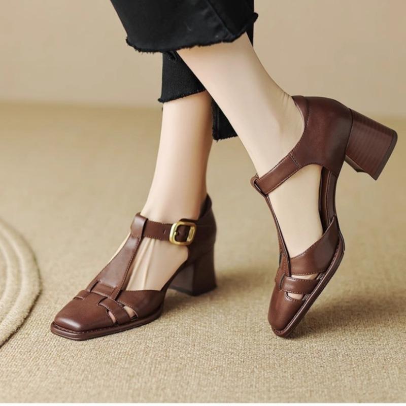 

Fashion 2025 Summer Closed Toe Women s Sandals Fashion Buckle Strap Office and Career New Rome Best Seller Comfortable Heeled Sandals 34 коричневый