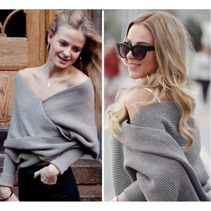 European & American Double Sleeve Off-the-Shoulder V-Neck Knit Scarf for Women