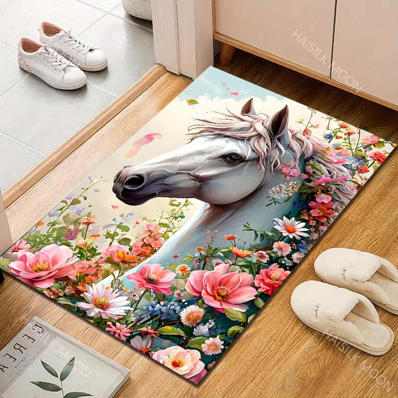 1PC Horse with blooming floral garland Carpet for Living Room Bedroom Sofa Home Decor Rus Non-slip Floor Mat Luxury Gift