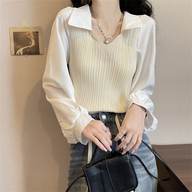 Spring and Autumn V-neck Spliced Lapel Lantern Sleeve Fake Two Piece Short Knitted Top Women's Long Sleeve