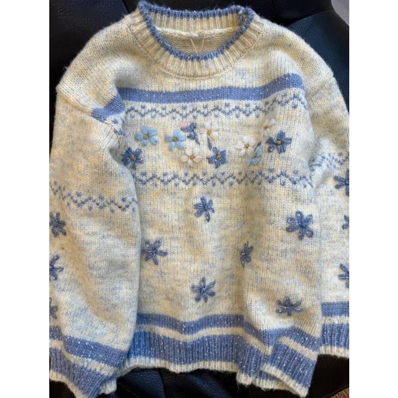 

Ladies Embroidered Knitted Sweaters Flower Art Contrasting Color Pullover Autumn Winter Round Neck Loose Woman Casual Sweaters Onesize