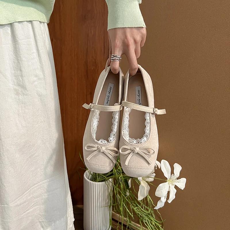 2025 Women's Fashion Single Shoes Spring New Round Head Shallow Mouth Bow Lace Metal Buckle Soft Sole Non-slip Flat Shoes