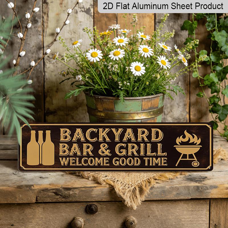 2D Flat, 1pc Rustic Farmhouse Aluminium Decorative Sign "Backyard Bar & Grill Welcome Good Time" with Beer Bottles & Grill Art - Season Holiday