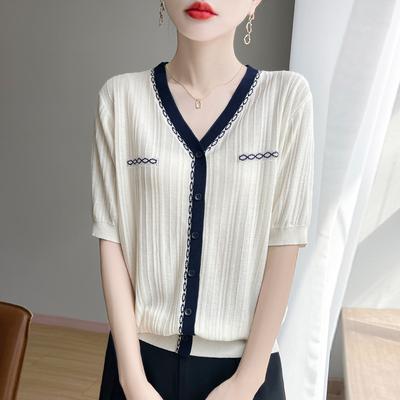 Maglioncino Estivo Sottile, Scollo a V, Lavorato a Maglia Bicolore, Nuovo Cardigan Finto con Design Ampio, Bottoni e Maniche Corte