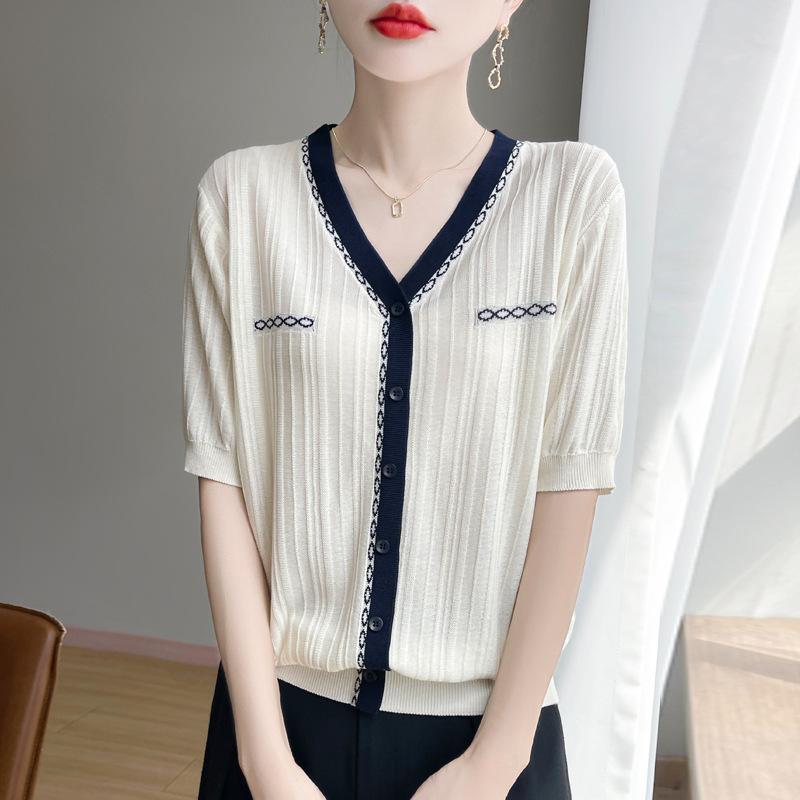 

Летний тонкий трикотажный свитер с V-образным вырезом, двухцветный, новый кардиган с имитацией, свободного кроя, на пуговицах, с короткими рукавами XL бежевый