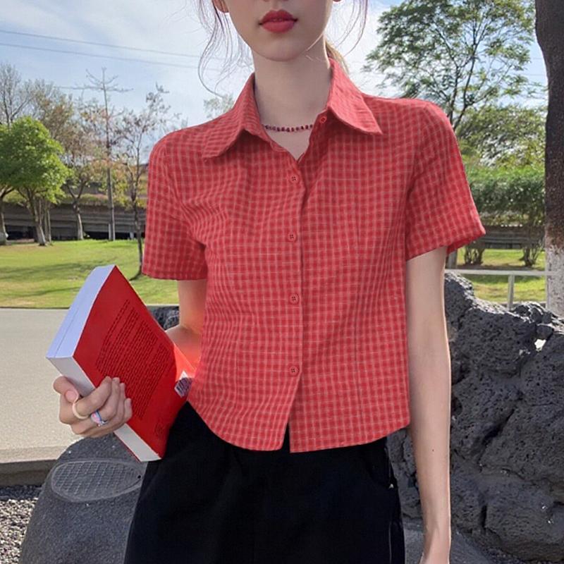 ZANZEA Women Casual Turn Down Collar Short Sleeve Grid Print Blouse