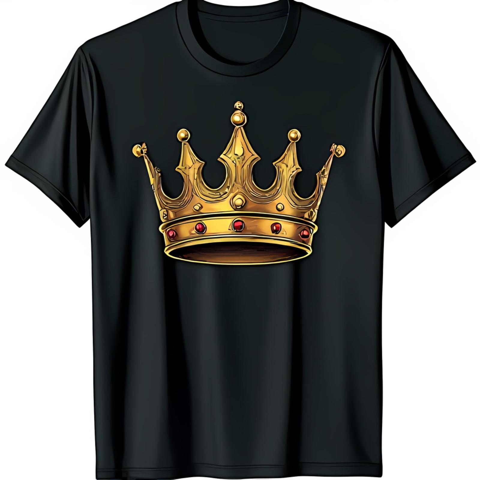 Men s Black T-Shirt with Intricate Gold Crown Design and Red Jewels XXXL