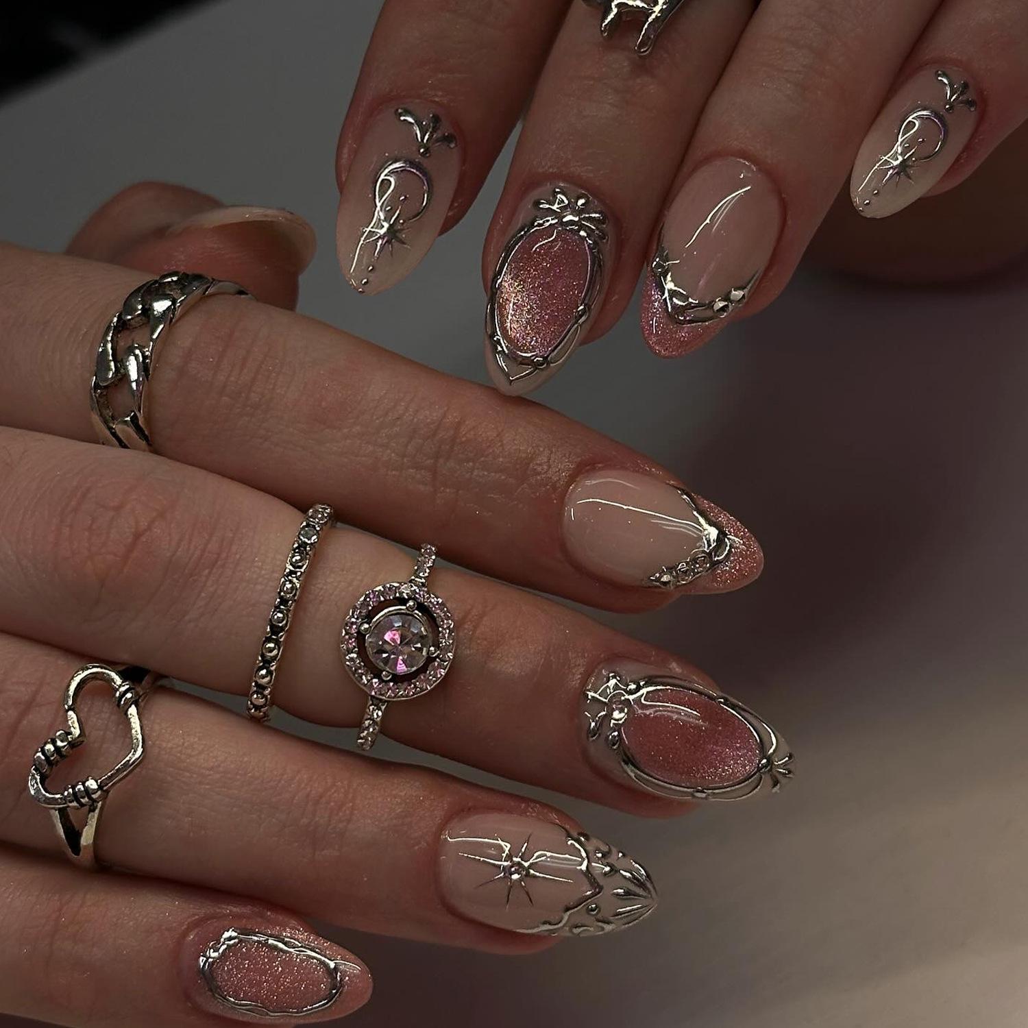 Nude Pink Gradient Nails with Starry Moon and Rhinestone Accents - French Light Luxury Detachable False Nail Stickers