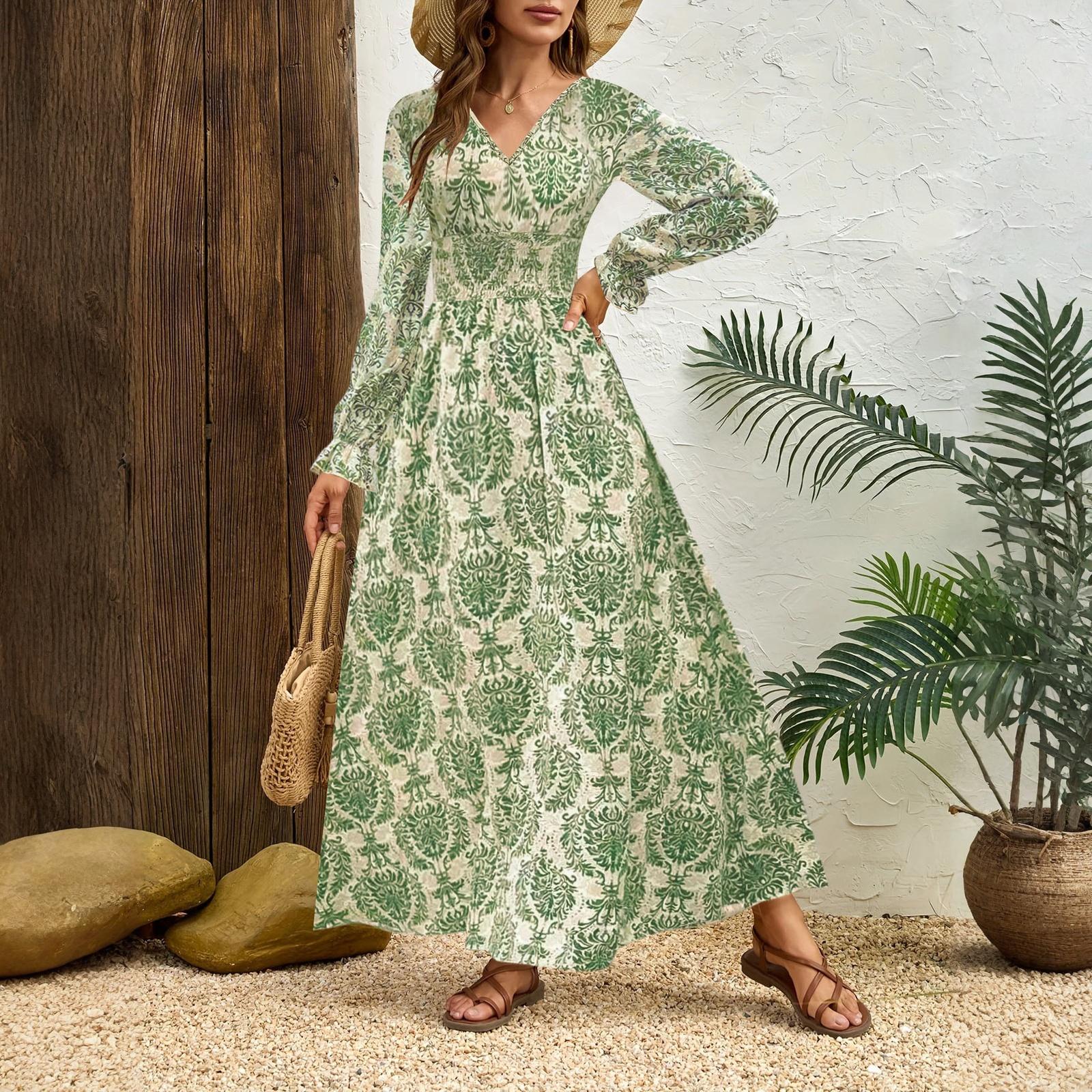

Модный женский ретро-комбинезон с принтом и длинной юбкой, элегантное платье с V-образным вырезом и длинными рукавами XL зелёный