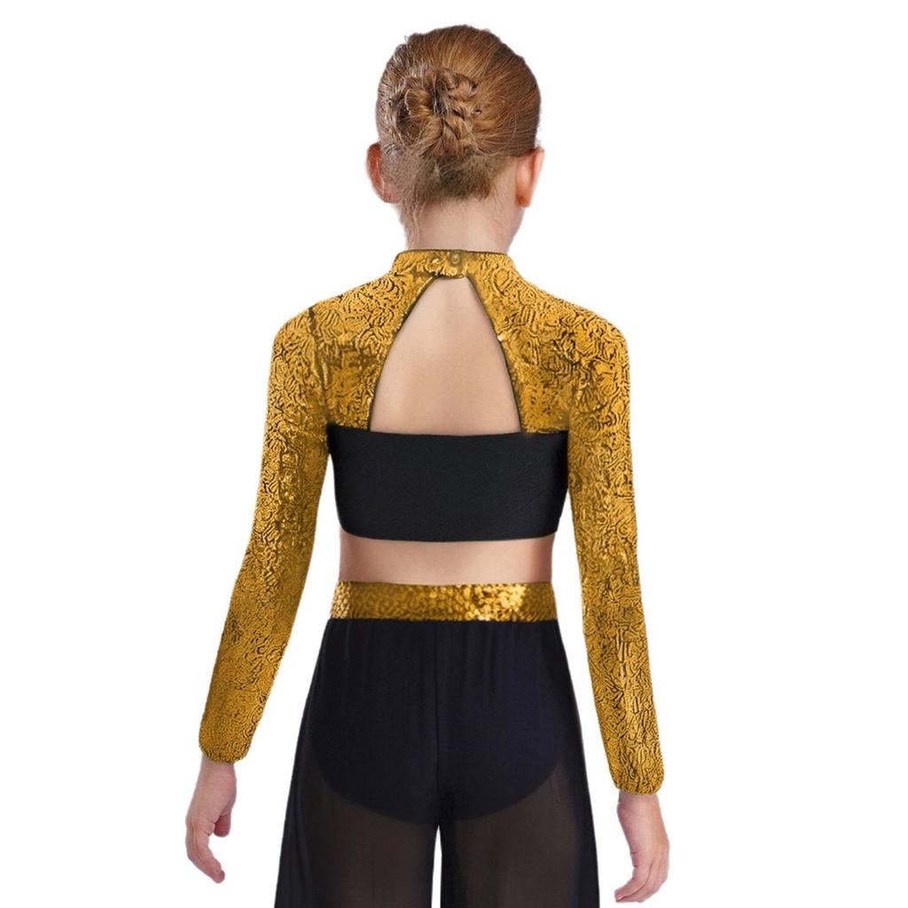 Mädchen Rollkragen Langarm Pailletten Strass Crop Top Cutout Rücken Druckknopf Tanz Top