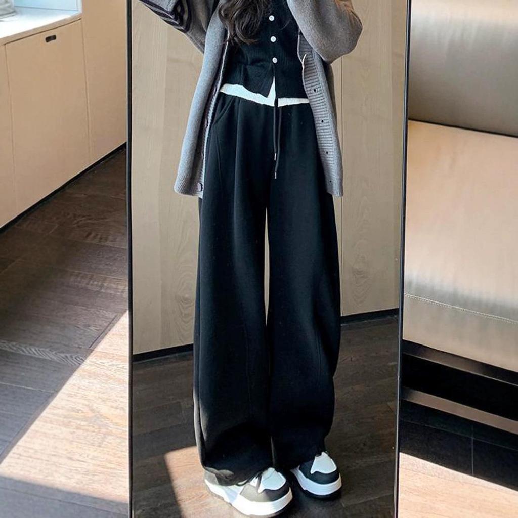 Dámské sportovní kalhoty s širokými nohavicemi s vysokým pasem a fleecovou podšívkou: Zeštíhlující, volný střih, ležérní tepláky na podzim/zimu.