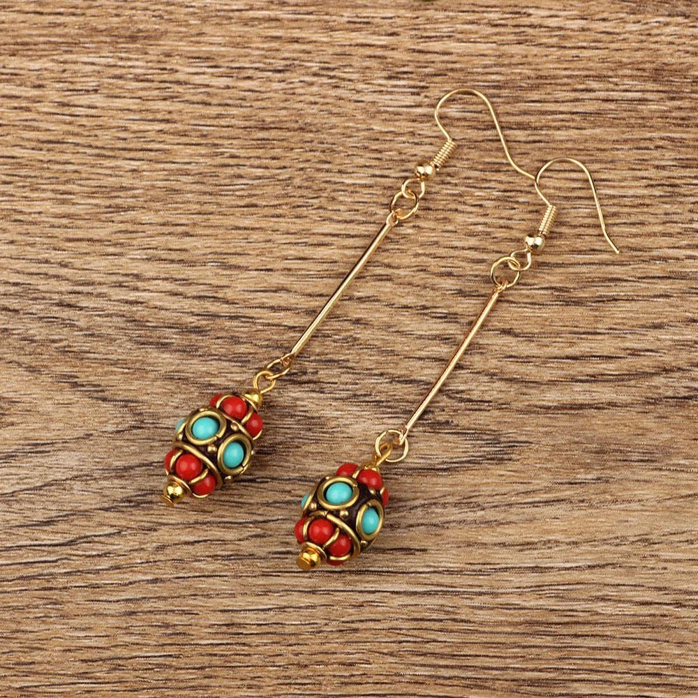 Vintage Nepal inkrustowane kolczyki w stylu egzotycznym z prostym, ręcznie robionym wzorem Etniczne kolczyki w stylu tybetańskim Biżuteria Prezent