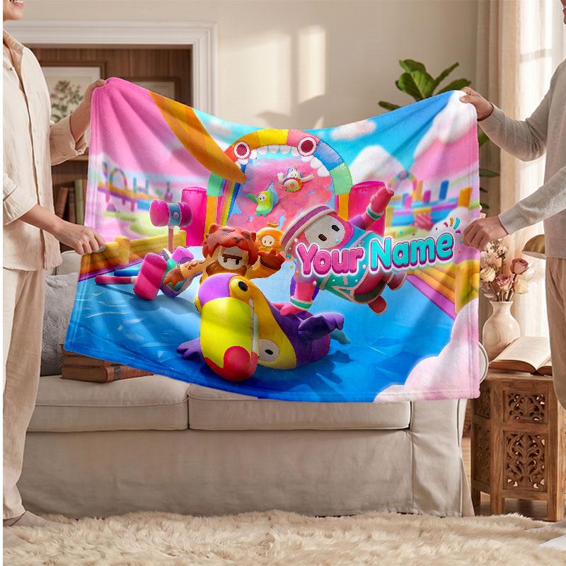 Fall Guys Personalized Flannel Blanket, Custom Printed Text Name, Warm Soft Blanket For Couch Bed