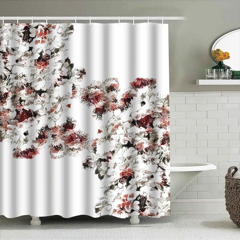 Artistic Floral Print Shower Curtain White Black Red Modern Home Decor Bathroom Accessories Waterproof Bath Mat Cover Size 69X70