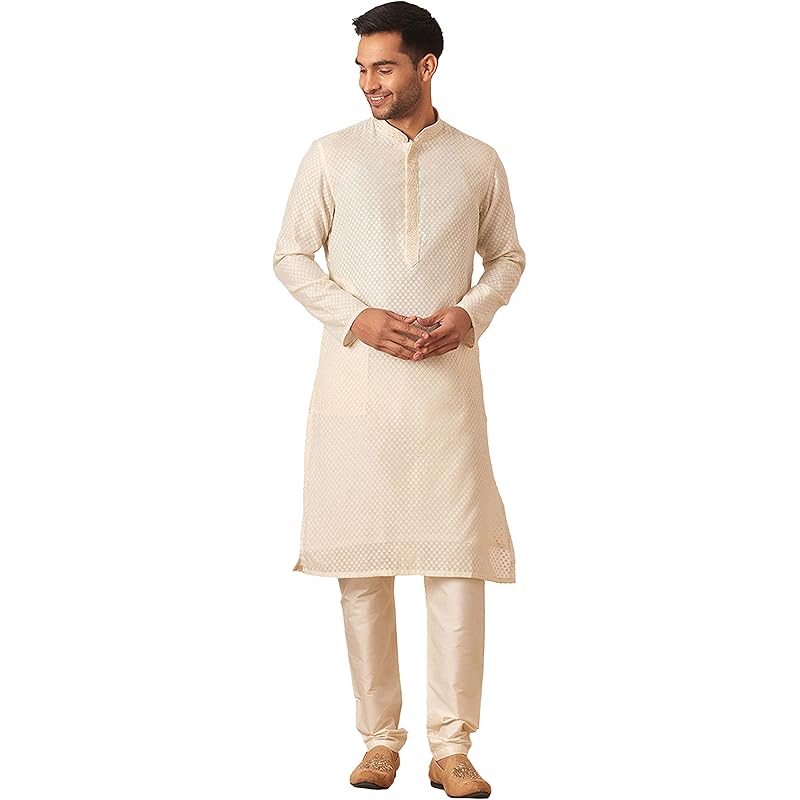 Manyavar Kurta Set For Men, Full Sleeves Mandarin Collar Ethnic Kurta & Payjama Set Art Silk All Over Self Design Set (C