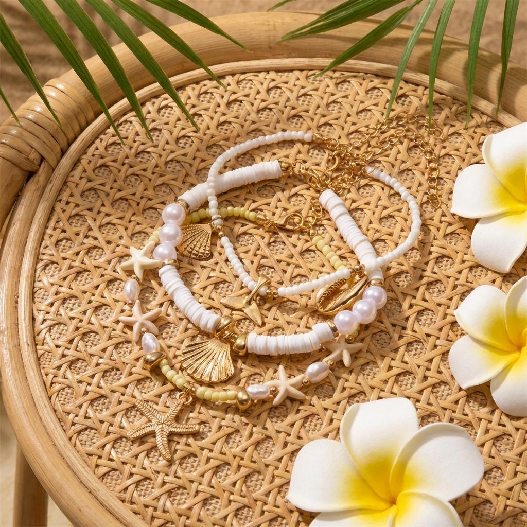 Boho Layered Starfish Whale Tail Imitation Shell Charm Anklet for Women Faux Pearl Seed Beaded Summer Beach Ocean Foot Jewelry