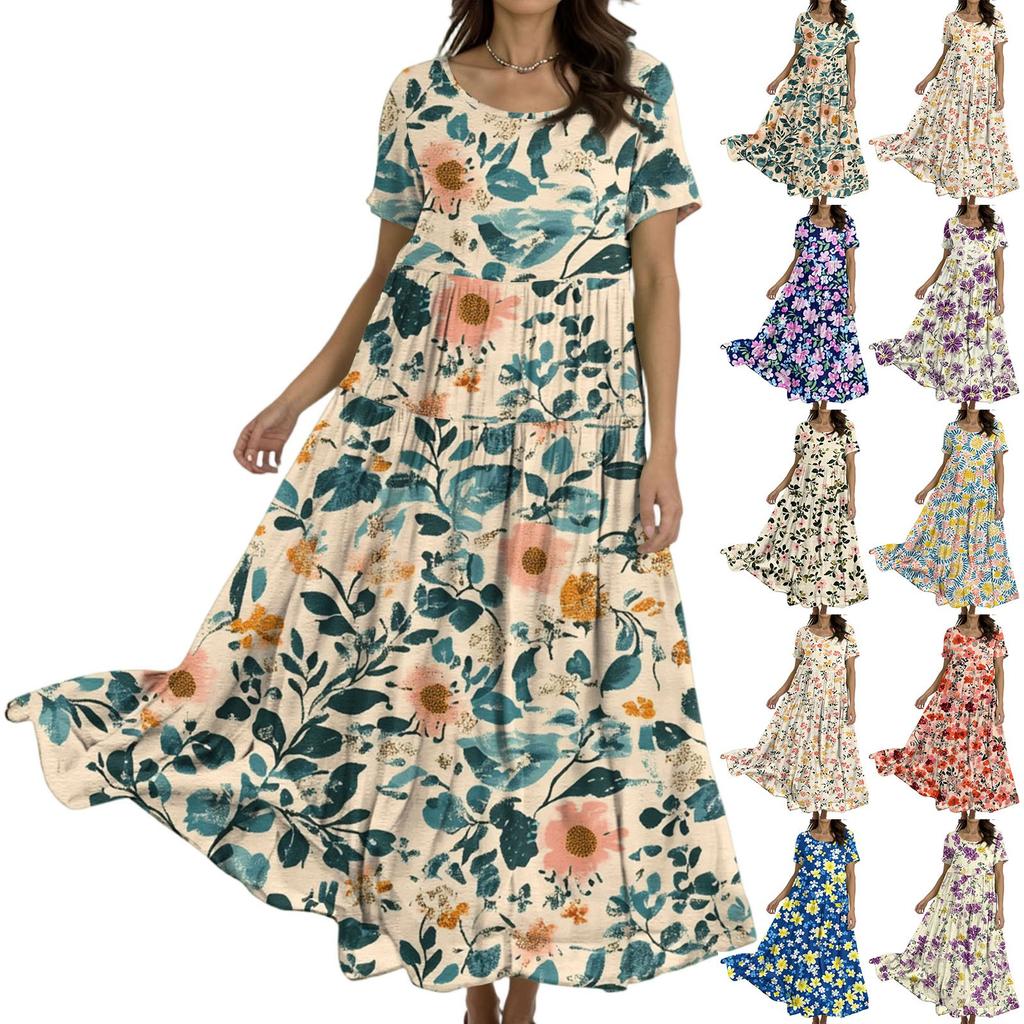 Women's Casual Loose Bohemian Floral Print Short Sleeve Dress