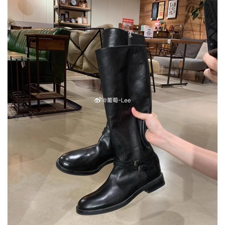 

Grape mother same style, vegetable tanned cowhide~ double buckle with round head but knee side zipper thick heel knight boots women s boots 35 чёрный
