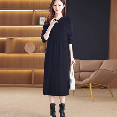 Autumn Dress Women Knitting Sweater Loose Casual Stripe Autumn Elegant Long Maxi Dress Green
