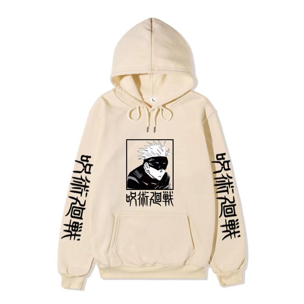 Men Women Fleece Hoodie Gojo Manga Art Two Sleeve Vertical Japanese Characters Casual Anime Hooded Sweatshirt