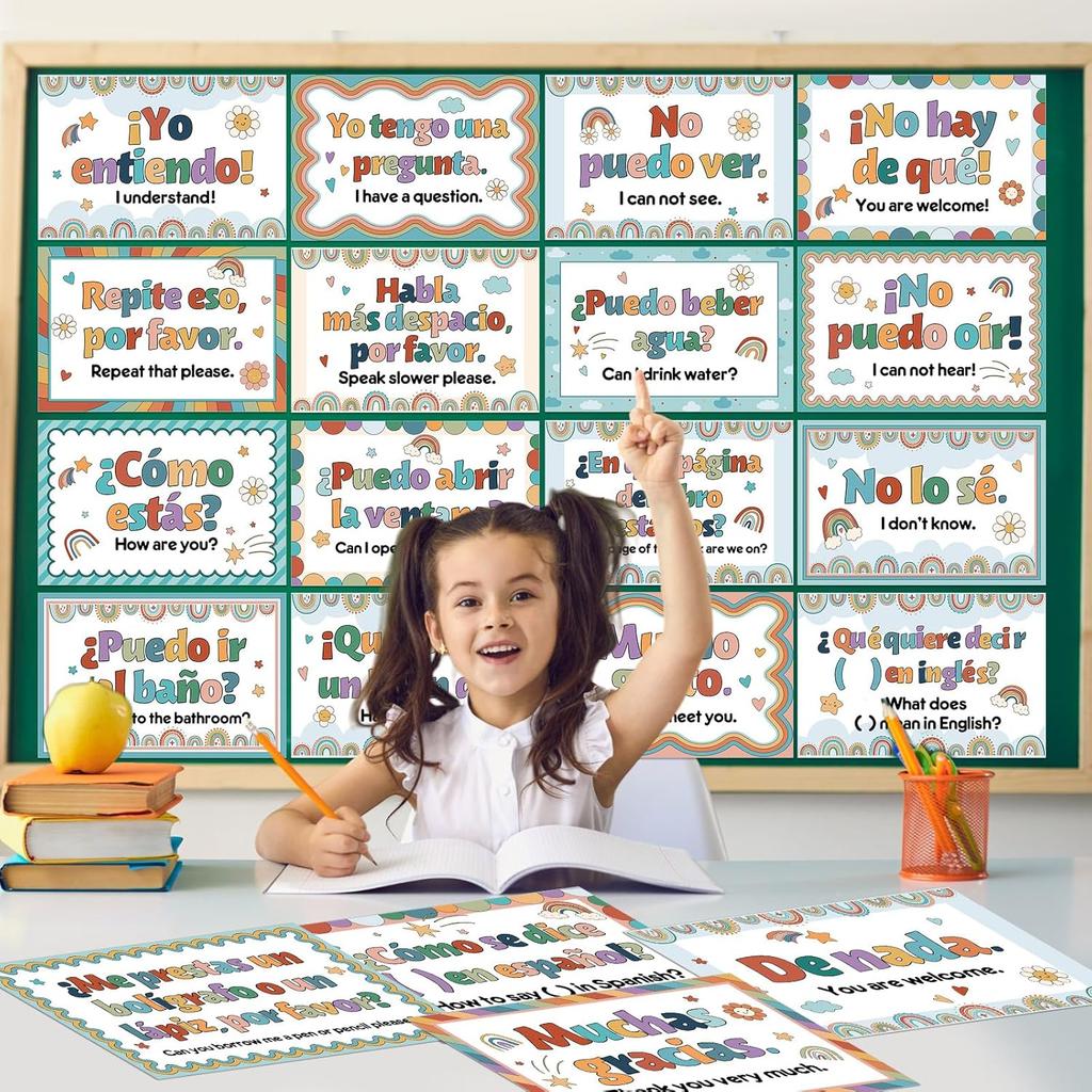 Pajean 20 Pcs Spanish Posters Spanish Phrases Classroom Decorations Boho Spanish English Bulletin Board Bilingual Educational Posters Language Study