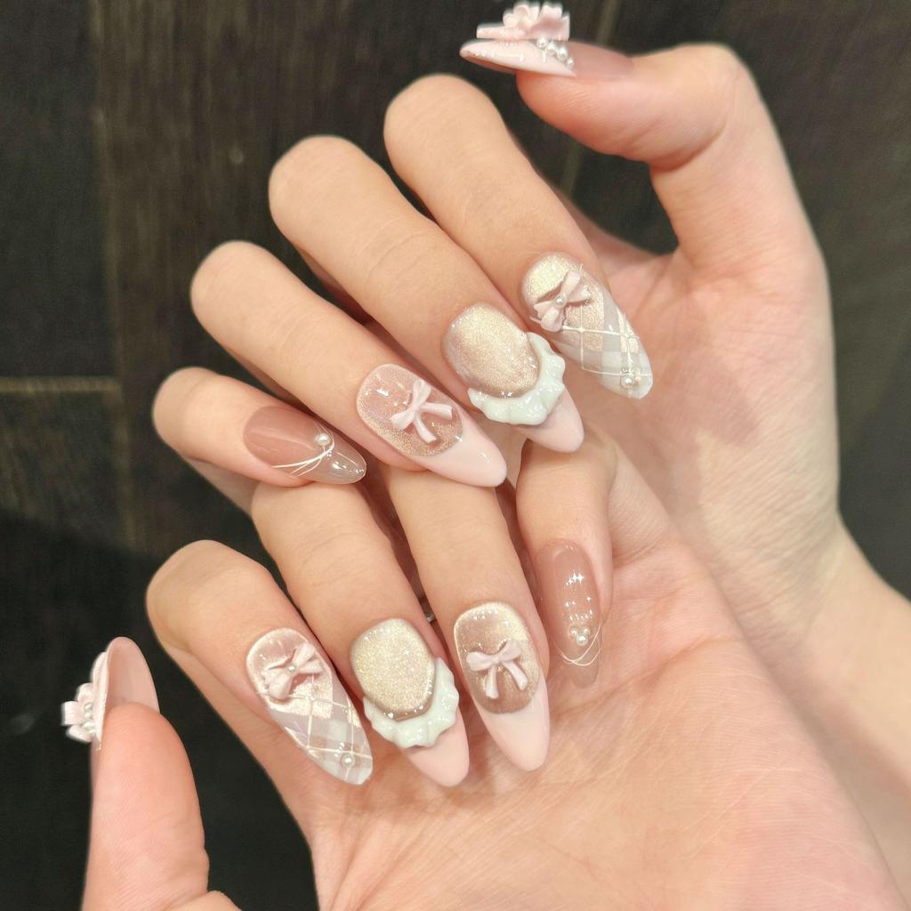 10pcs Handmade Press On Nails French Cat Eye Pink Bow Decor Korean False Nails Wearable Full Cover Ins Almond False Nail Tips