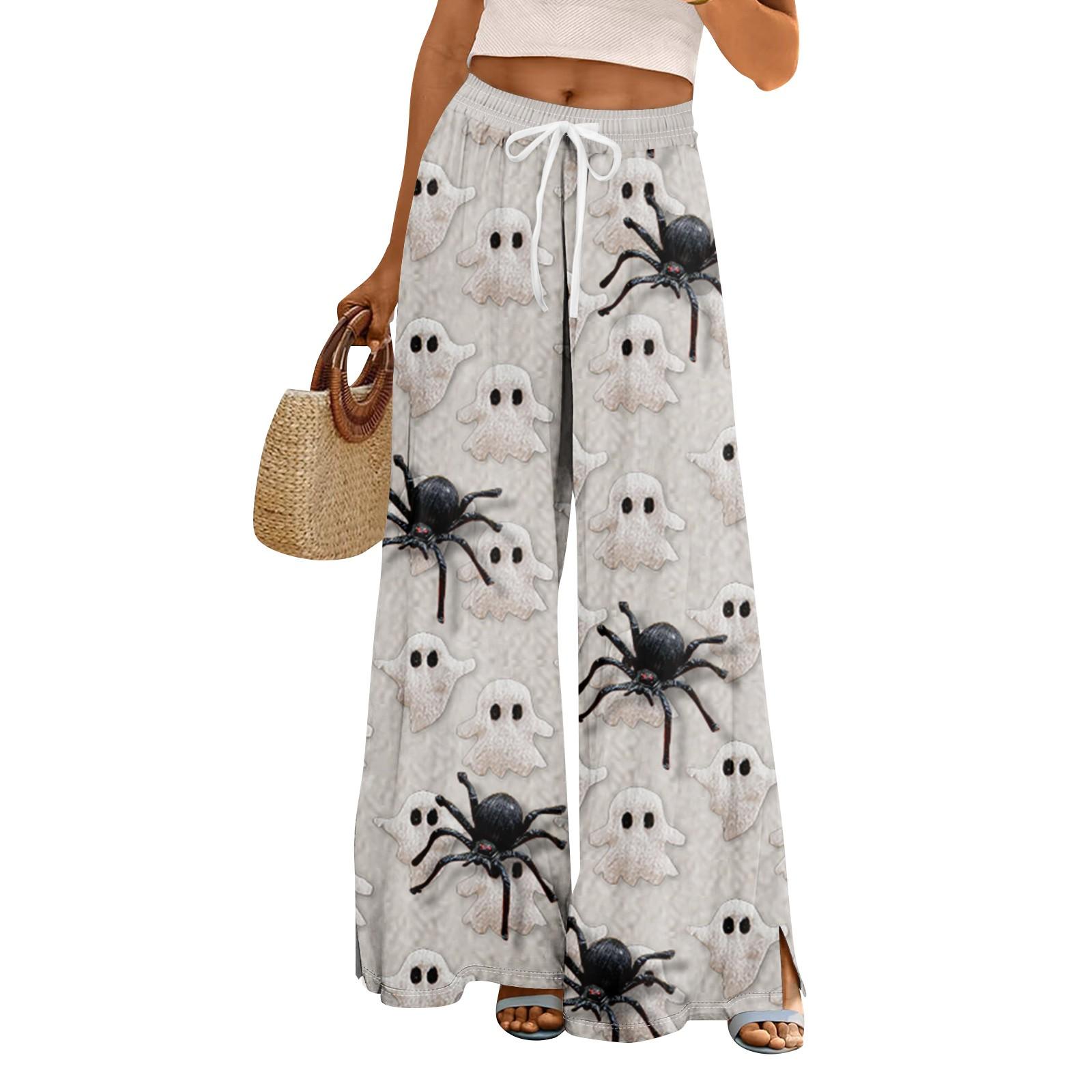 

Женские летние брюки палаццо в стиле бохо с высокой талией и широкими штанинами, с принтом на Хэллоуин, повседневные брюки с карманами S чёрный