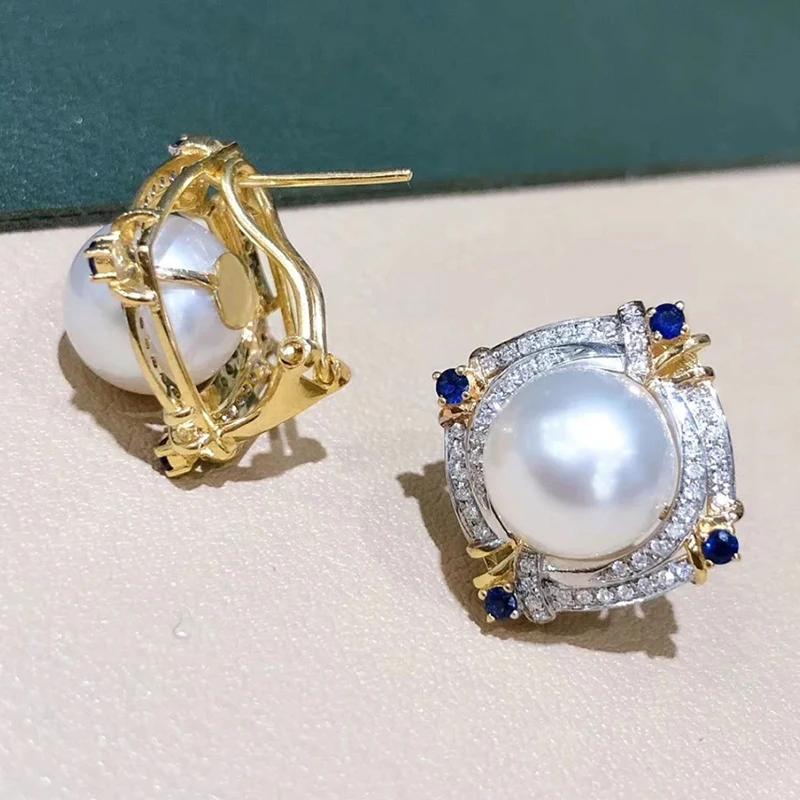 Huitan Gorgeous Women's Imitation Pearl Stud Earrings with Brilliant Blue/White CZ Novel Two Tone Luxury Trendy Wedding Zircon