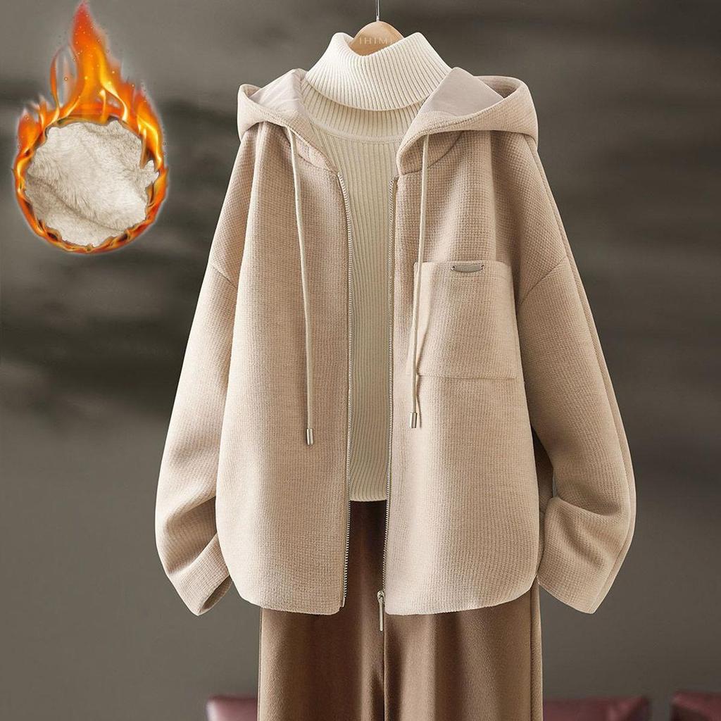 Women's Thickened Woolen Coat with Hood - Stylish Casual Winter Outerwear, Plus Velvet, Loose Silhouette 